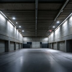 stock photo features a dimly lit, empty concrete garage with gray walls.