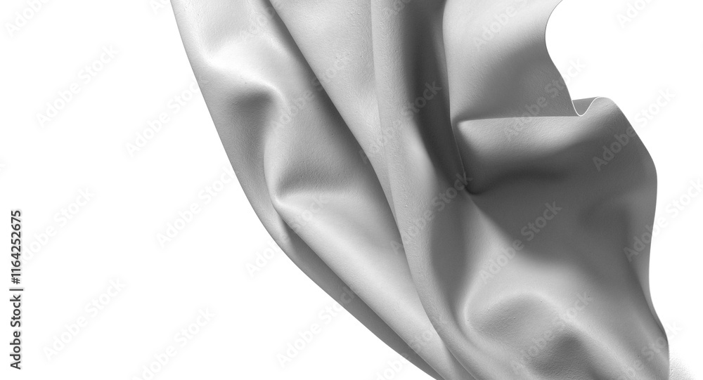 Poster A close-up image of white fabric with a smooth texture and soft folds. The fabric is lit from above, creating subtle shadows and highlights.