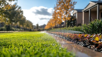 Obraz premium Serene morning watering of lush green lawn along charming residential pathway