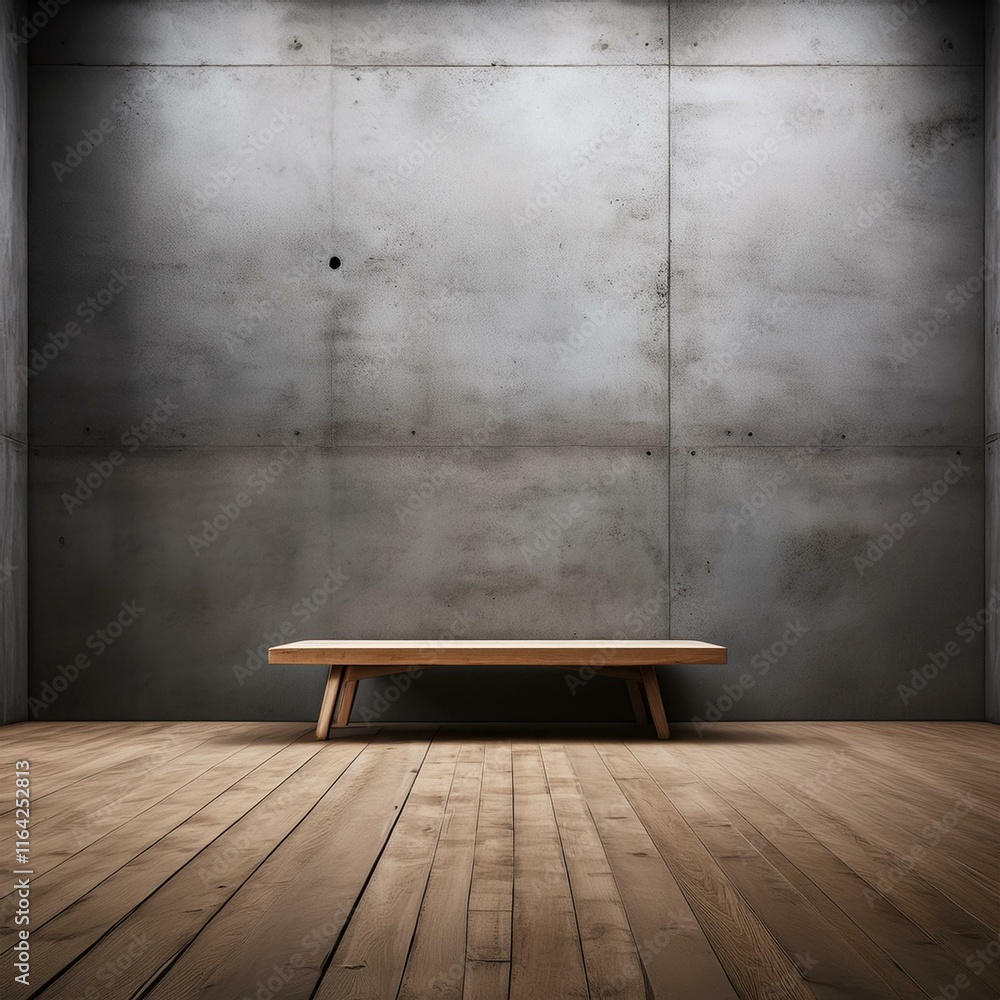 Poster an empty studio scene with concrete walls and a wooden table set against a minimalist