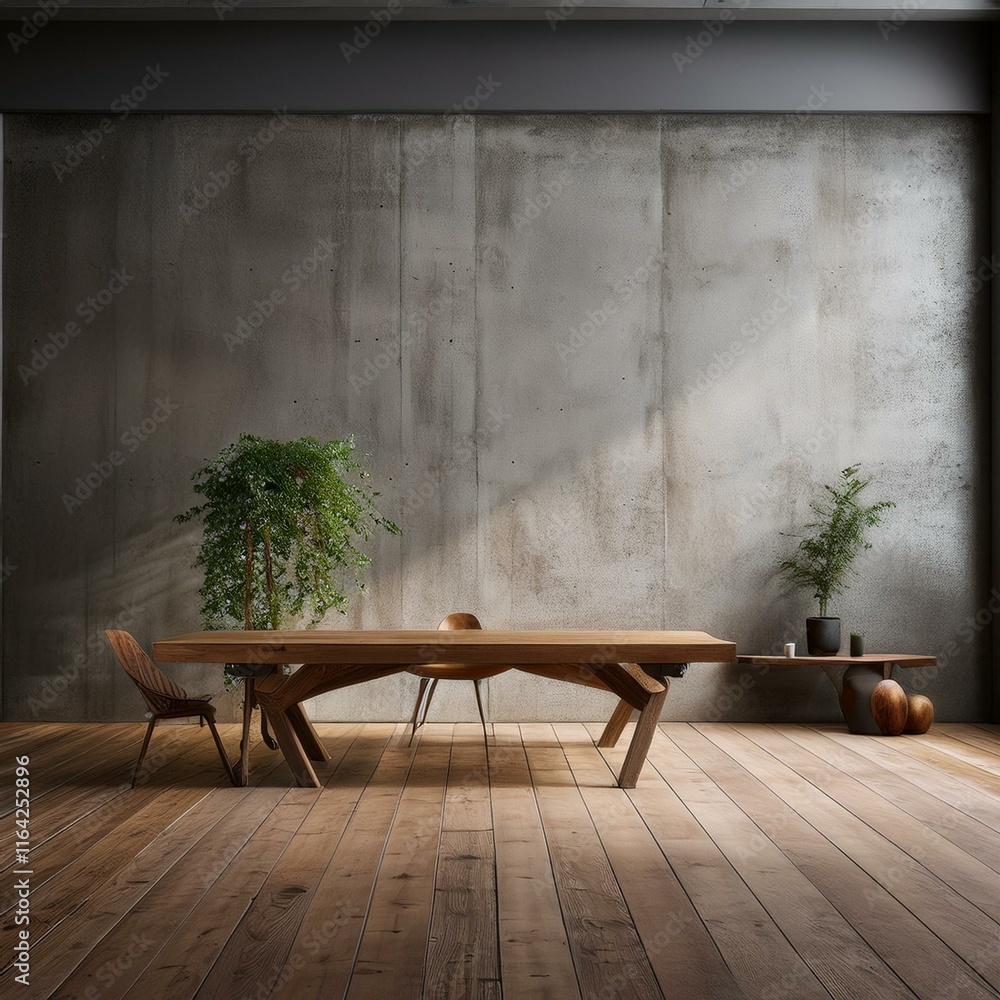 Poster an empty studio scene with concrete walls and a wooden table set against a minimalist
