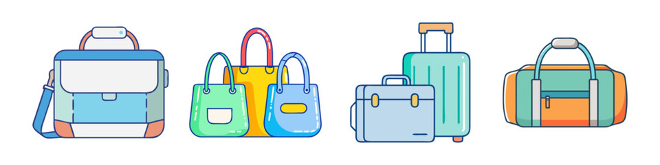 Illustration of Bags and Luggage Styles - A vector illustration featuring various types of bags and luggage, including a messenger bag, handbags, suitcase, and duffle bag in vibrant colors.