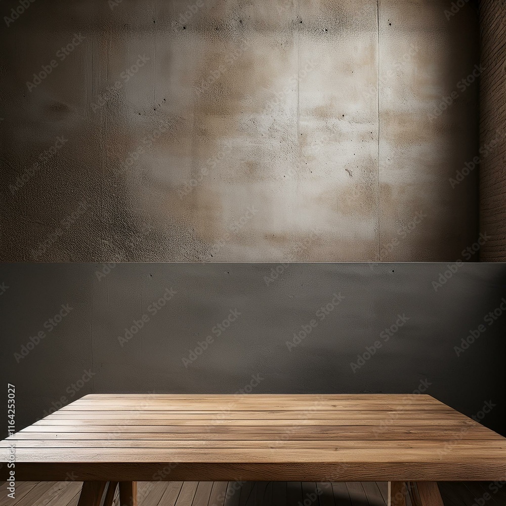 Poster an empty studio scene with concrete walls and a wooden table set against a minimalist