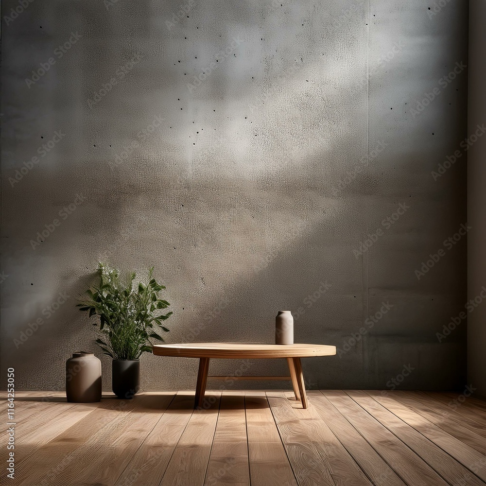 Poster an empty studio scene with concrete walls and a wooden table set against a minimalist
