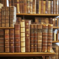 Naklejka premium A collection of antique books on a wooden shelf, showcasing rich leather bindings and gold lettering.