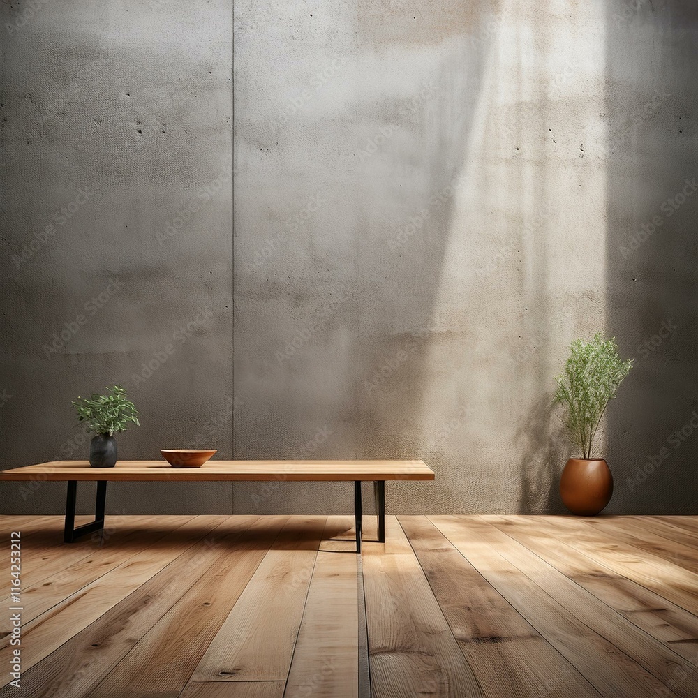 Poster an empty studio scene with concrete walls and a wooden table set against a minimalist