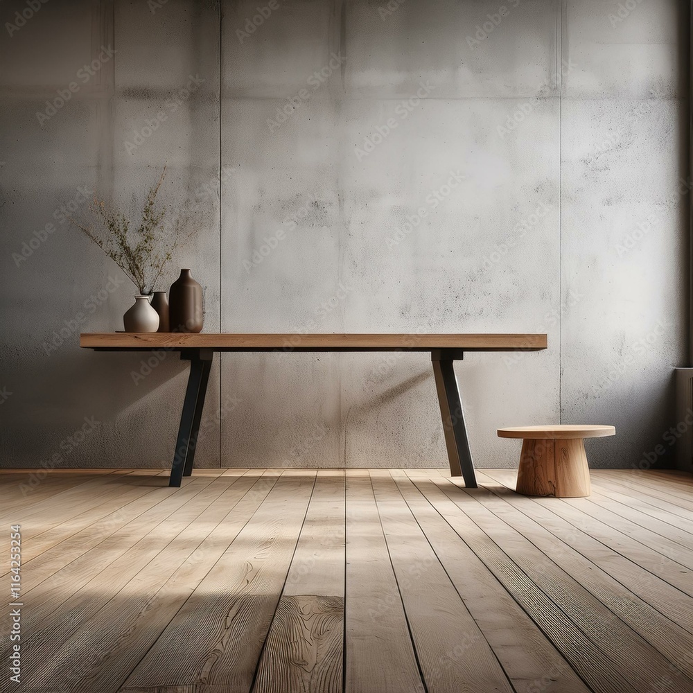 Poster an empty studio scene with concrete walls and a wooden table set against a minimalist