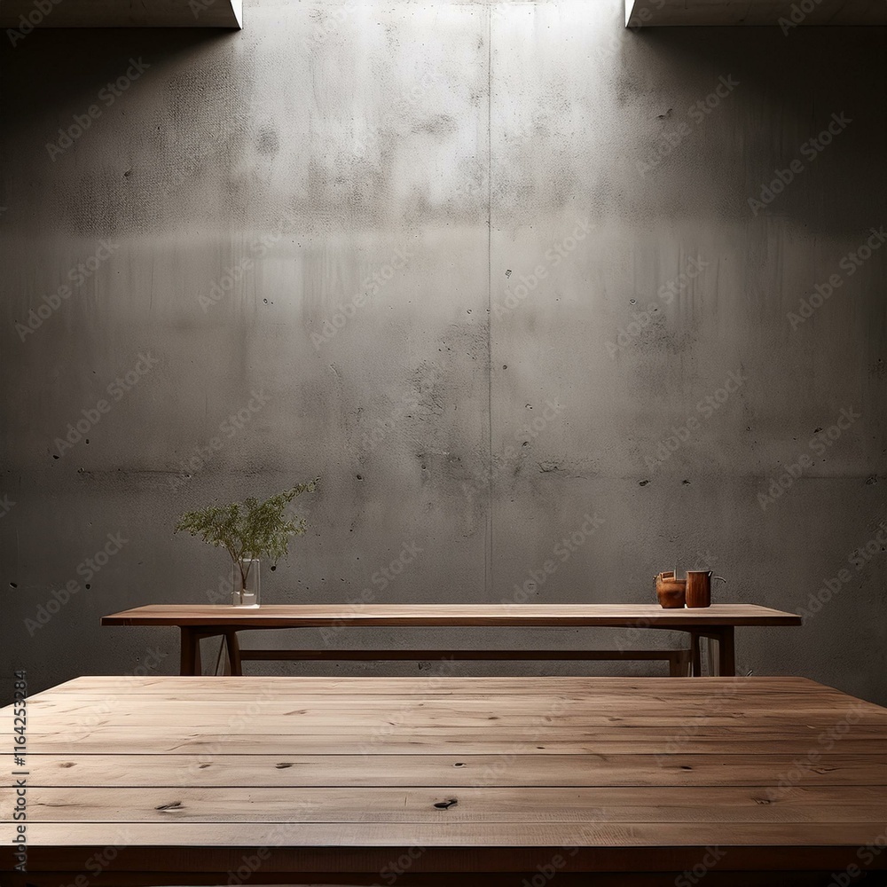 Poster an empty studio scene with concrete walls and a wooden table set against a minimalist