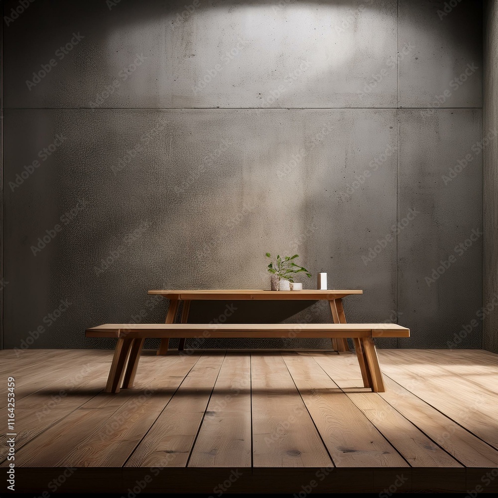 Poster an empty studio scene with concrete walls and a wooden table set against a minimalist