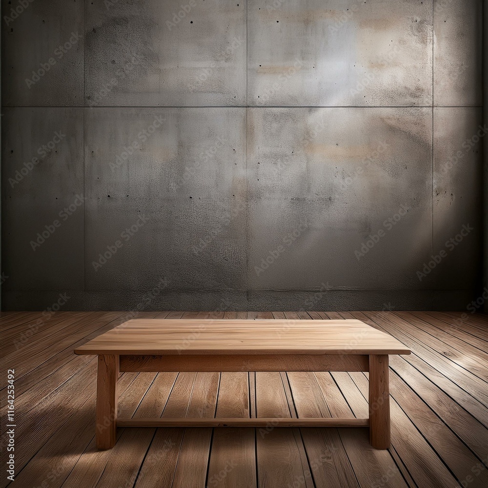 Poster an empty studio scene with concrete walls and a wooden table set against a minimalist