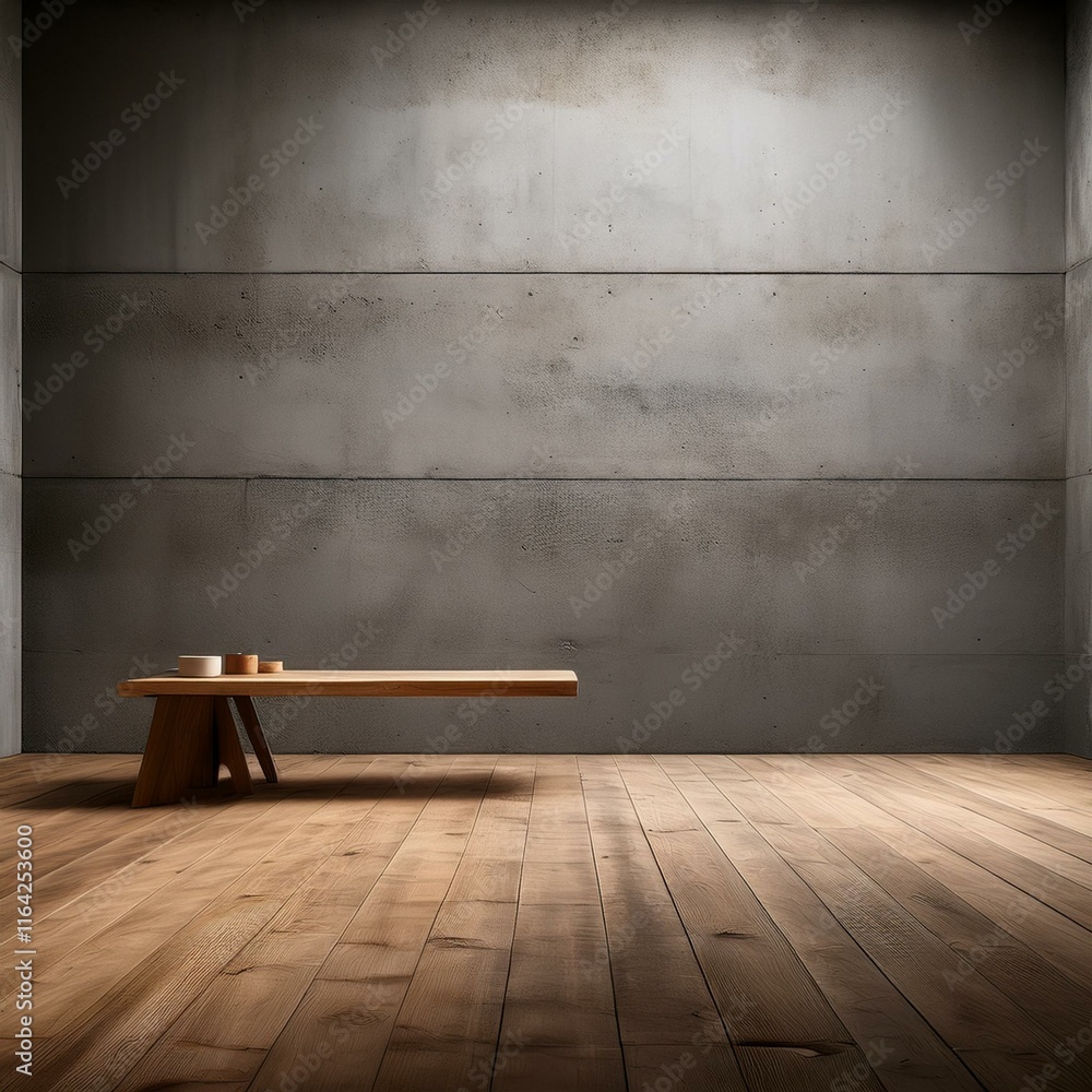Poster an empty studio scene with concrete walls and a wooden table set against a minimalist
