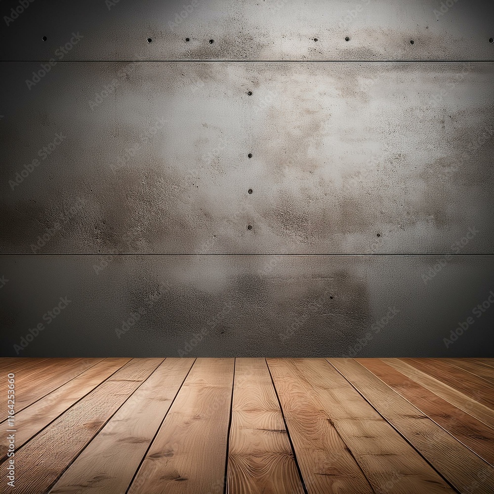Poster an empty studio scene with concrete walls and a wooden table set against a minimalist