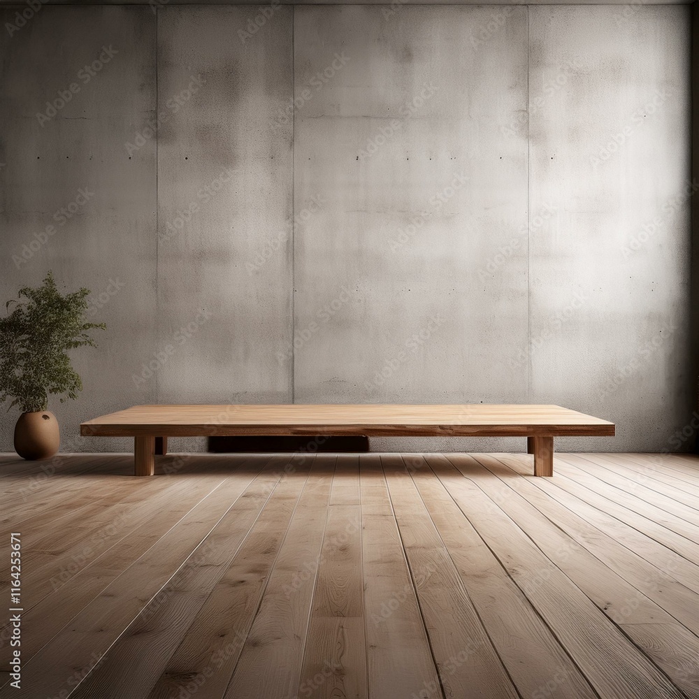 Poster an empty studio scene with concrete walls and a wooden table set against a minimalist