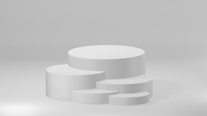 3D Cylinder 5 white pedestal podiums with layer and close up on background clean luxury style