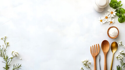 Beautiful kitchen utensils arranged on marble counter with herbs and flowers. Perfect for culinary inspiration and chef themed decor