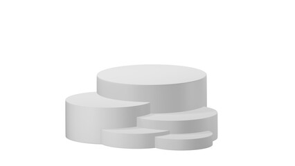 3D Cylinder 5 white pedestal podiums with layer and close up on transparent background clean luxury style
