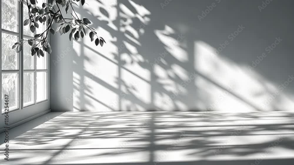 Poster light blue leaves casting soft shadows on a white background, creating a serene and elegant atmosphe