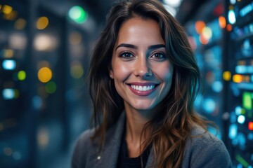 Close portrait of a smiling 40s Mexican female IT worker looking at the camera, against dark server room blurred background.