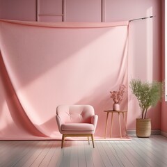  A soft pink wall banner serves as backdrop for a studio room