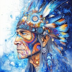 Surreal illustration of a Native American Indian shaman's face.