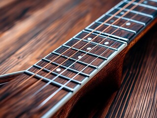 A close up of a guitar neck on a wooden surface