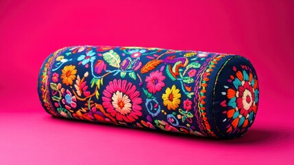 Vibrant embroidered cylindrical cushion with colorful floral patterns.