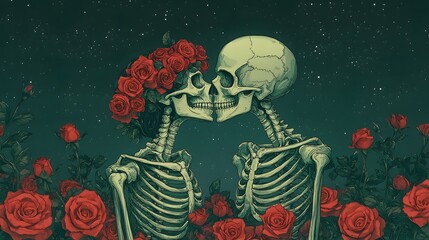 Eternal Love: Skeletons Kissing Amidst Roses Under the Starry Night