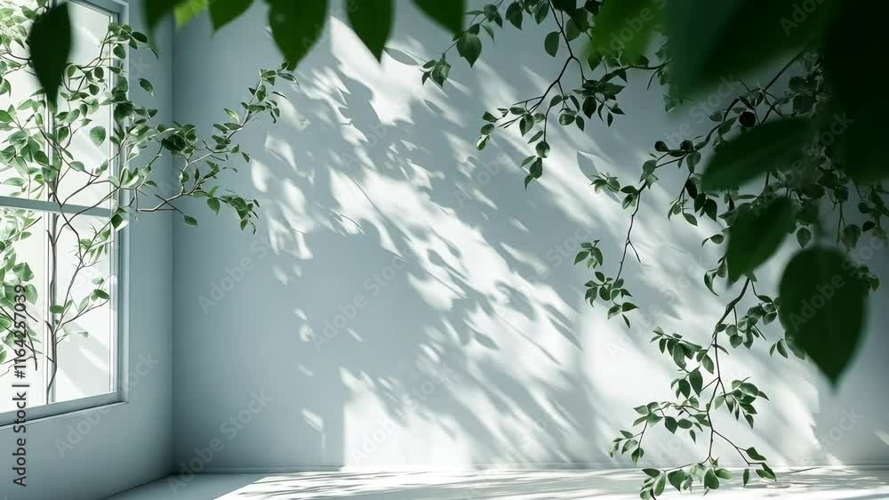 Poster light blue leaves casting soft shadows on a white background, creating a serene and elegant atmosphe