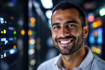 Close portrait of a smiling 40s Moroccan male IT worker looking at the camera, against dark server room blurred background.