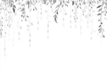 A delicate arrangement of silver leaves and droplets creating an elegant, serene backdrop.