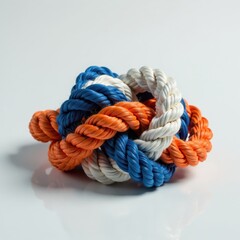 Obraz premium Close-up of rope knot on white surface showcasing its complex structure and patterns, knot, texture