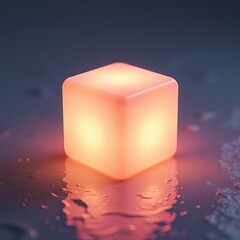  Cube-shaped glowing light on a reflective surface.