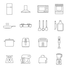 Minimalist kitchen appliance icons set featuring 16 line art illustrations of common kitchen tools and equipment, ideal for culinary projects, infographics, and design