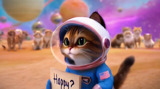 Cats on an alien planet with an astronaut feline holding a sign asking if anyone is happy