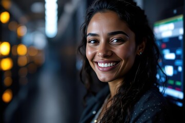 Close portrait of a smiling 40s Nauruan female IT worker looking at the camera, against dark server room blurred background.