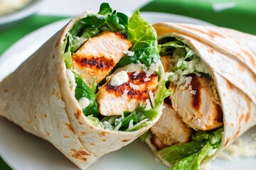 Delicious grilled chicken wrap filled with fresh greens and creamy sauce enjoyed on a sunny day
