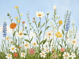 Fototapeta premium A vibrant illustration of colorful wildflowers blooming under a clear blue sky, showcasing a variety of floral species in a lush green field.