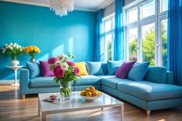 Bright Modern Blue Living Room Design with Blurred Patio View