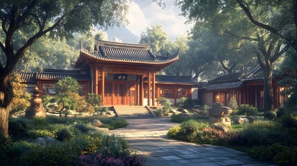 Obraz premium Stunning Visual of an Ornate Traditional Chinese Clan House Set Amidst Lush Landscape and Vibrant Colors