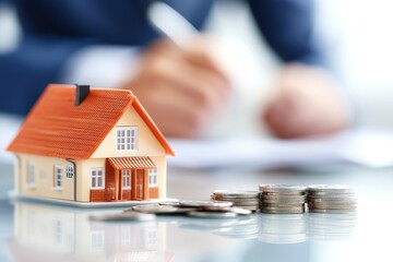 Banker explains mortgage payments office setting financial guide professional environment close-up view real estate insights