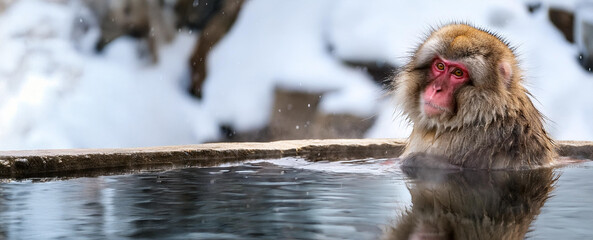 雪景色の中にある露天風呂に入っているニホンザル。温泉。雪見風呂。（Japanese macaques in an open-air bath surrounded by snowy scenery. Hot springs. Snow-viewing baths.）
