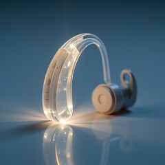 Transparent hearing aid with glowing blue accents on dark surface.