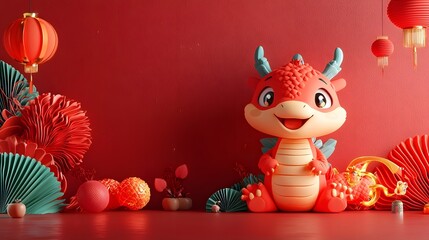 Cute 3D Character in Festive Chinese New Year Dragon with Lanterns and Fireworks