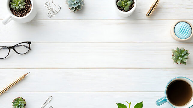 modern workspace featuring office supplies, plants, and coffee cup. light wooden desk creates serene atmosphere for productivity
