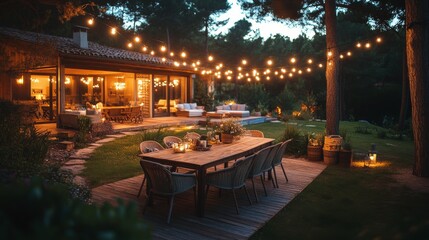 Cozy outdoor dinner setup with string lights illuminating a garden space at twilight