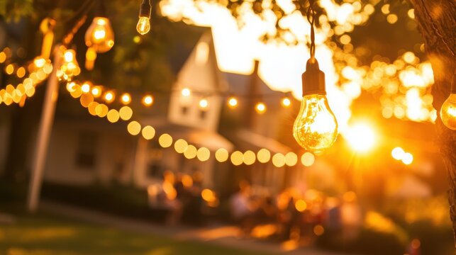 Families celebrating togetherness with twinkling lights suburban neighborhood evening gathering warm atmosphere festive spirit