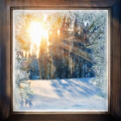 A blurred winter view from a window with sunlight streaming through glass 