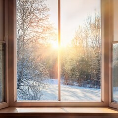 A blurred winter view from a window with sunlight streaming through glass creates a serene