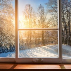 A blurred winter view from a window with sunlight streaming through glass creates a serene