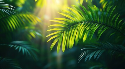 Obraz premium Sunlit tropical palm leaves in lush green forest.